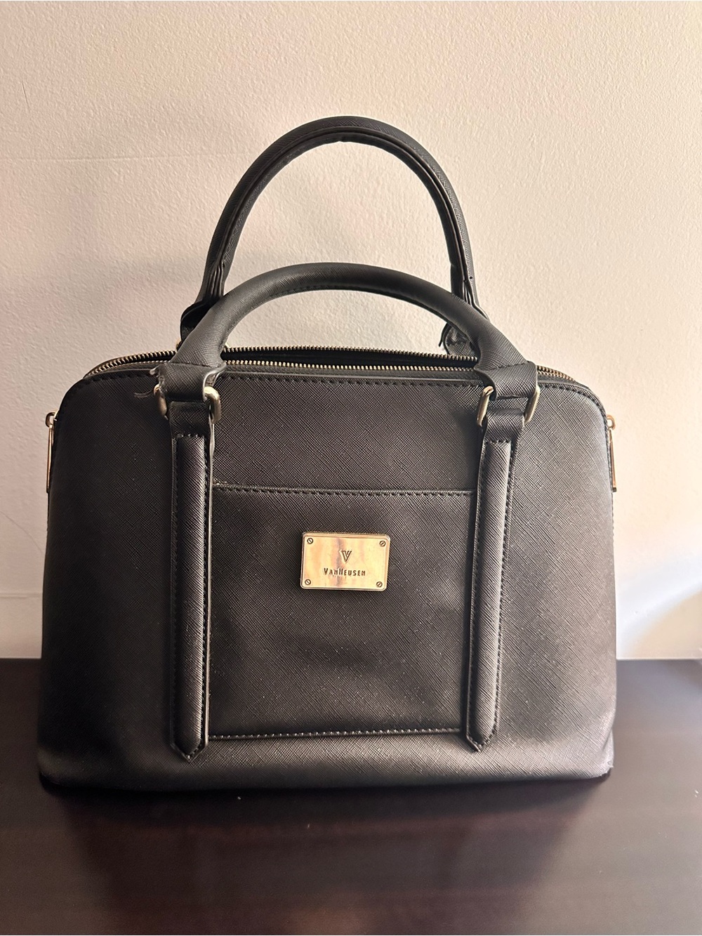Van Heusen Black Structured Satchel with Gold Plaque